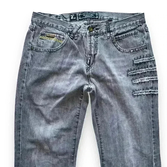 LRG Make Jeans Not War Y2K vintage embroidered jeans wide legs W32 grey - Picture 2 of 11